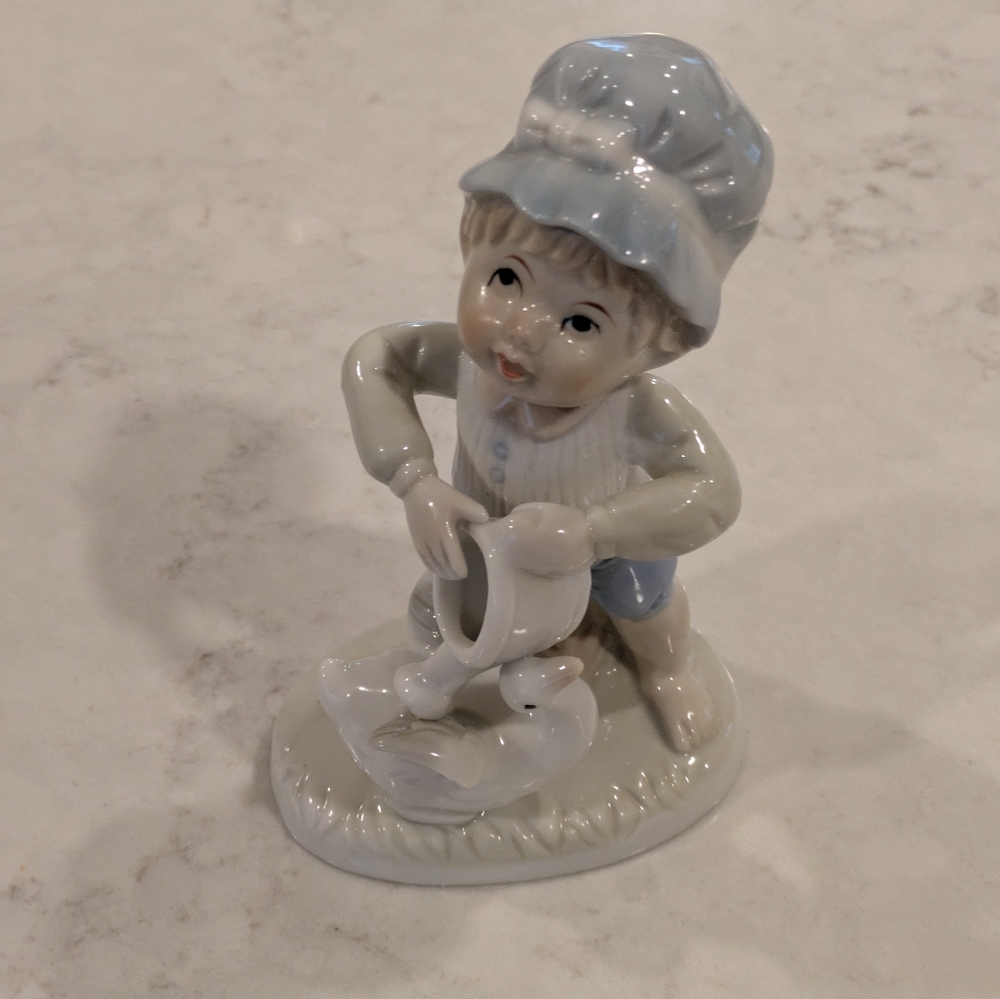 Vintage Boy With Watering Can And Goose 6" Porcelain Figurine